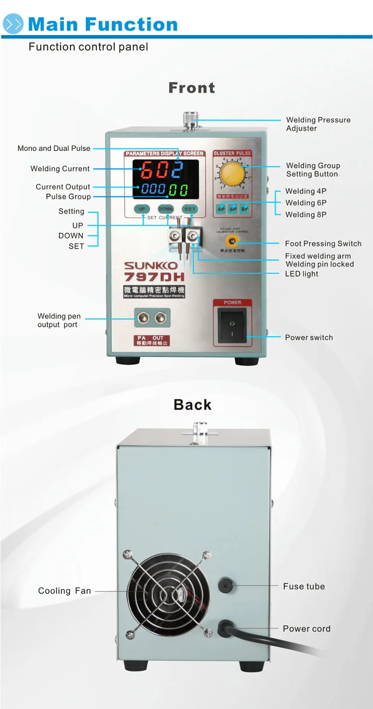 SUNKKO 797DH 18650 Аккумуляторная машина для точечной сварки 3.8KW Высокая мощность точечной сварки толщина до 0,35 мм прецизионный импульсный точечный сварочный агрегат