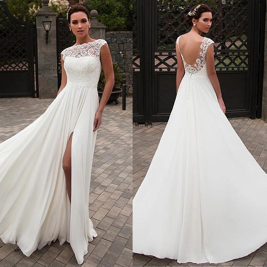 

Элегантное шифоновое свадебное платье-трапеция с вырезом «Лодочка» и кружевной аппликацией из бисера, свадебное платье с разрезом спереди