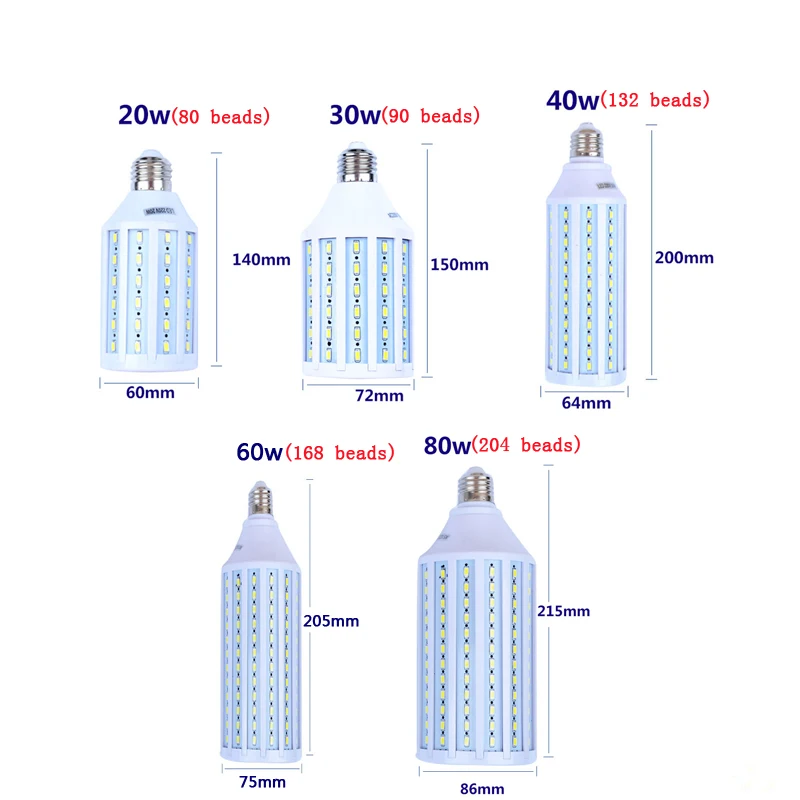 E27 220V фотостудия светодиодные лампы 20 W/30 W/40 W/60 W/80 W лампочки кукурузы постоянного