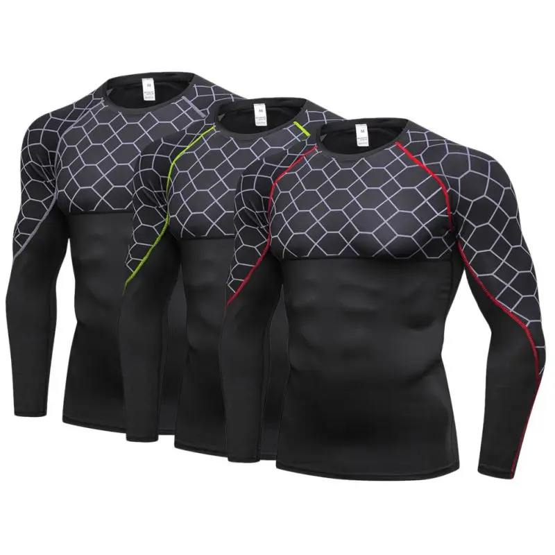 Мужские быстросохнущие рубашки с длинным рукавом для фитнеса с принтом, сшитые спортивные аксессуары для бега и тренировок, высокоэластичные облегающие Топы