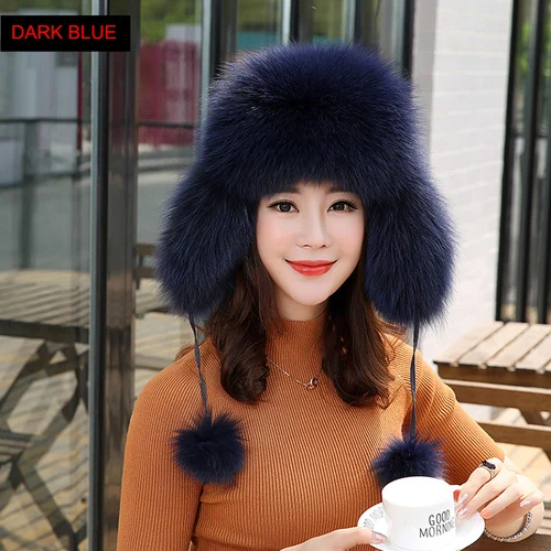 dark blue Россия натуральный Лисий меховая шапка зимняя теплая Женская натуральный мех лисы качественная шапка из натурального Лисьего меха меховые шапки-бомберы - Цвет: dark blue