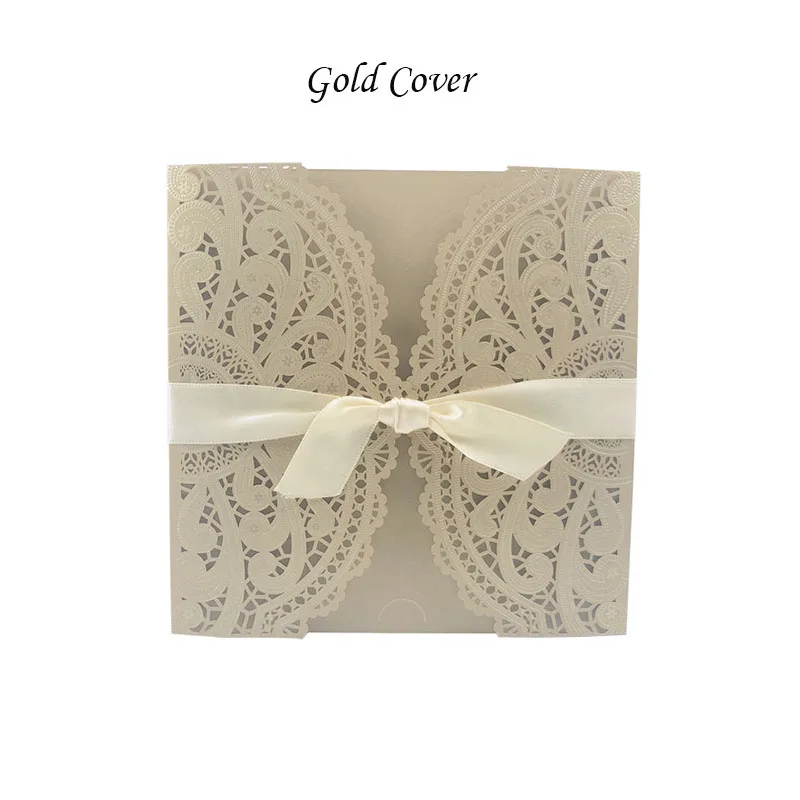 Only Gold Cover 1 шт., синий, белый, золотой, красный, лазерная резка, свадебные приглашения, карты, элегантные, на заказ, с лентой, для праздника, дня рождения, вечеринки, свадебные украшения - Цвет: Only Gold Cover