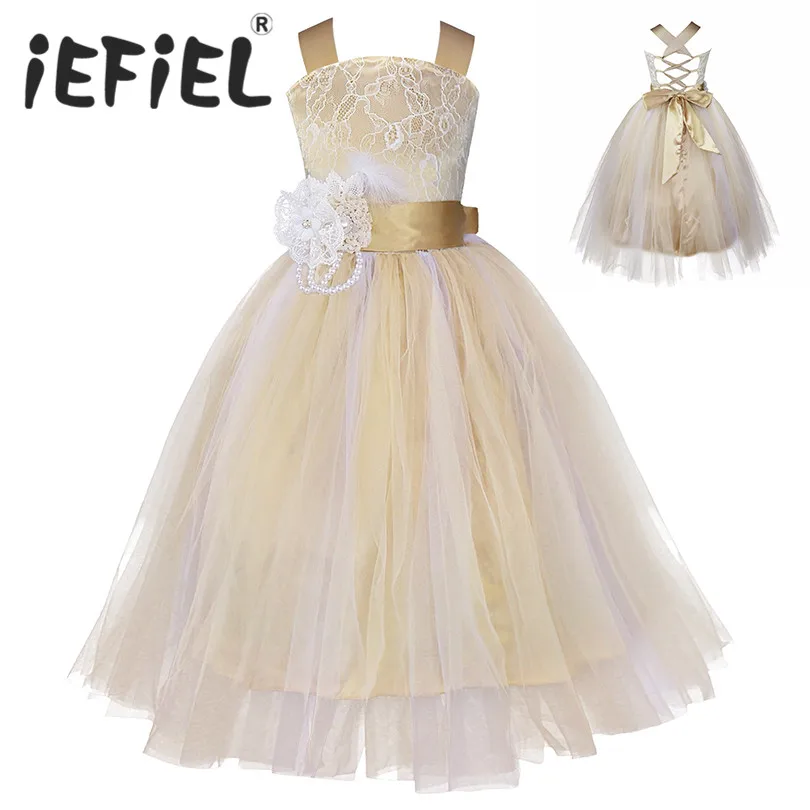 

Girls Flower Tulle Lace Tutu Crossed Back Dress for Weddings Bridesmaid Evening Party Formal Maxi Floor Length Floral Dress