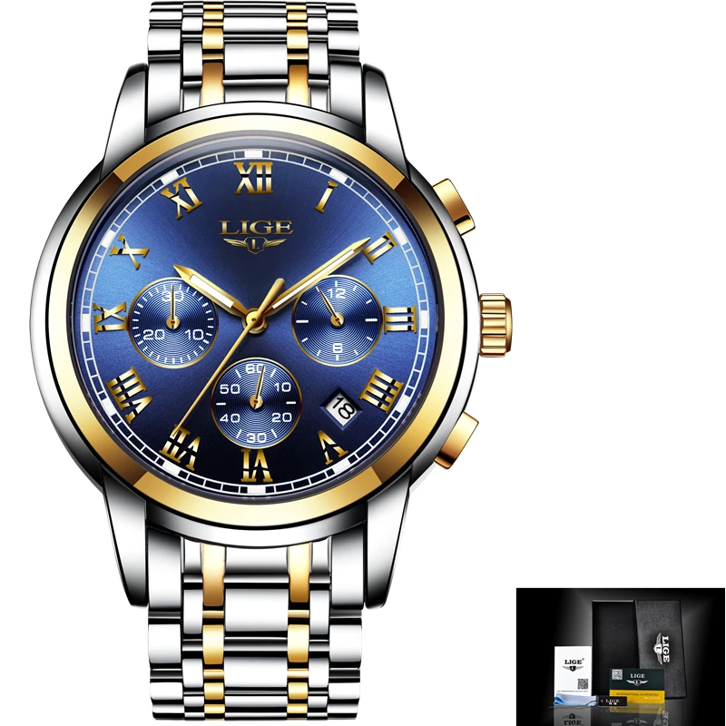 Часы наручные LIGE Мужские кварцевые брендовые Роскошные спортивные
