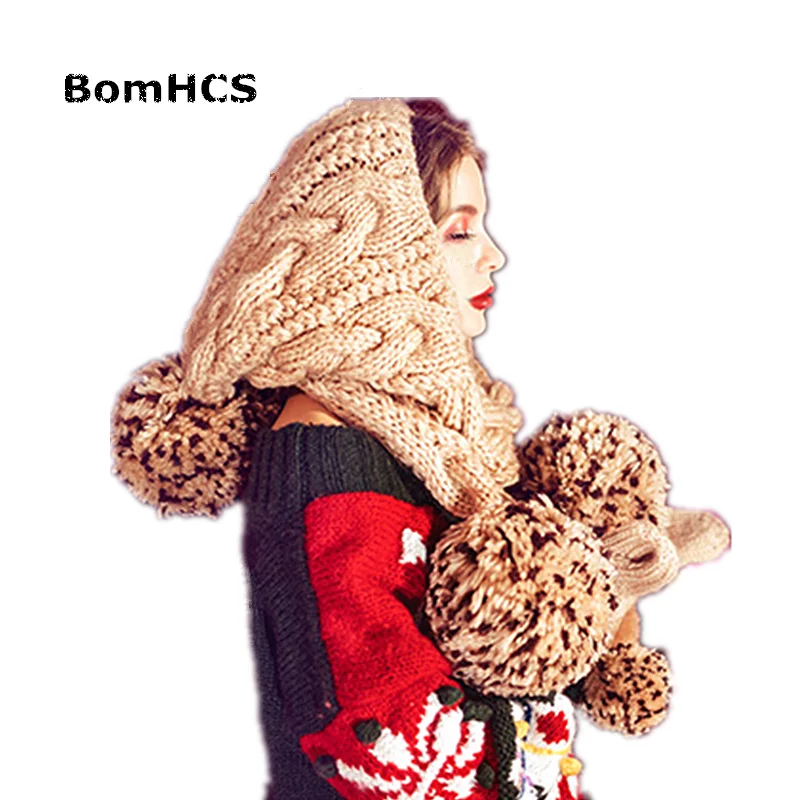 BomHCS Cute Winter Warm Big Pompoms Beanie with Scarf + Gloves 100% Handmade Knit Hat Neckerchief Mittens
