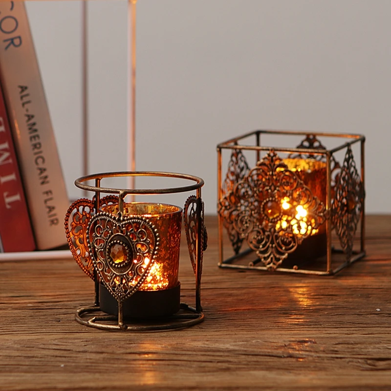 PINNY Bohemian Retro Gemstone Candlestick New Classical Metal Glass Candle Holder Home Decoration Accessories Vintage Lantern | Дом и сад
