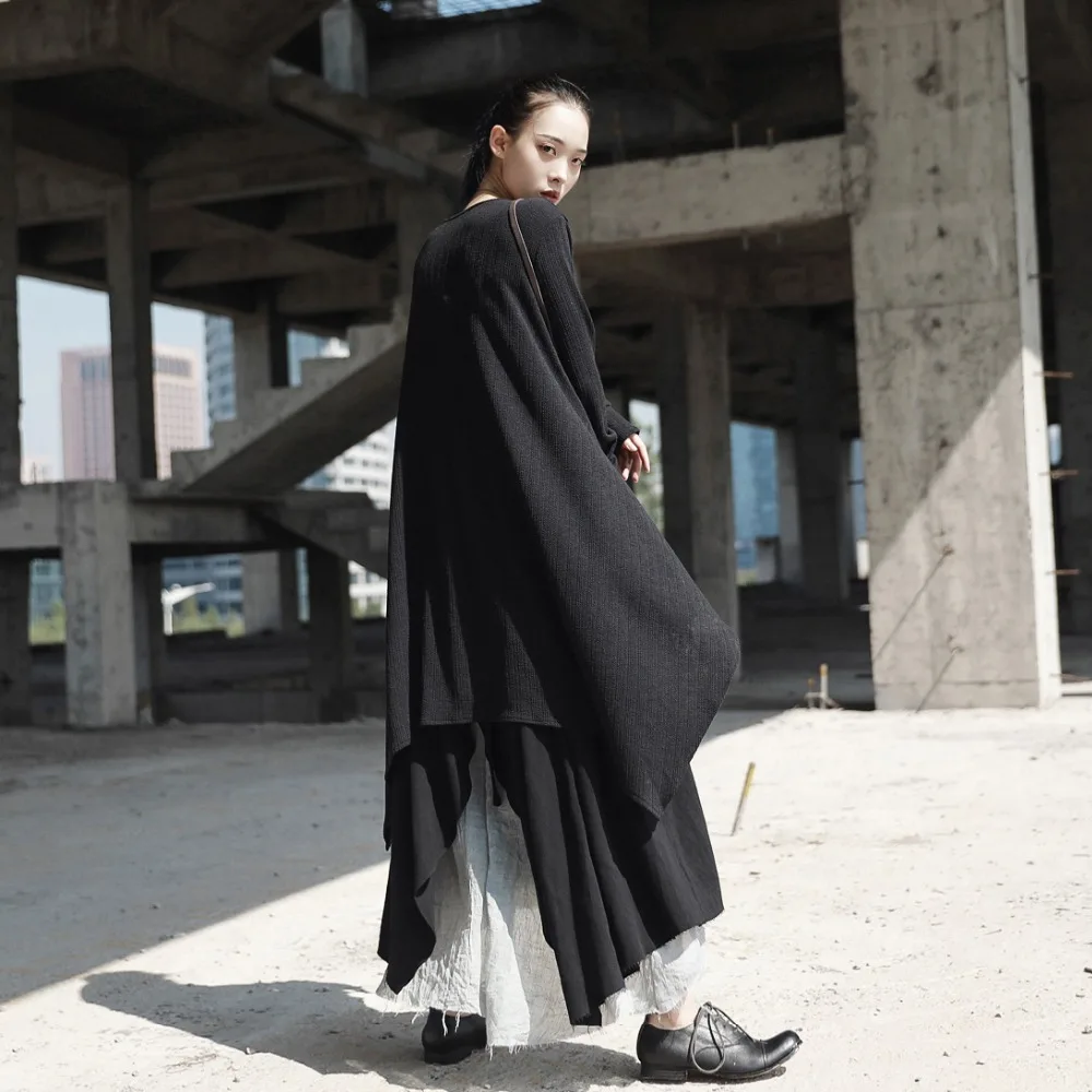 Cakucool Новое однотонное Черное женское Ассиметричное платье с длинными рукавами Normcore, свободные длинные платья средней длины, Осенние готические платья размера плюс