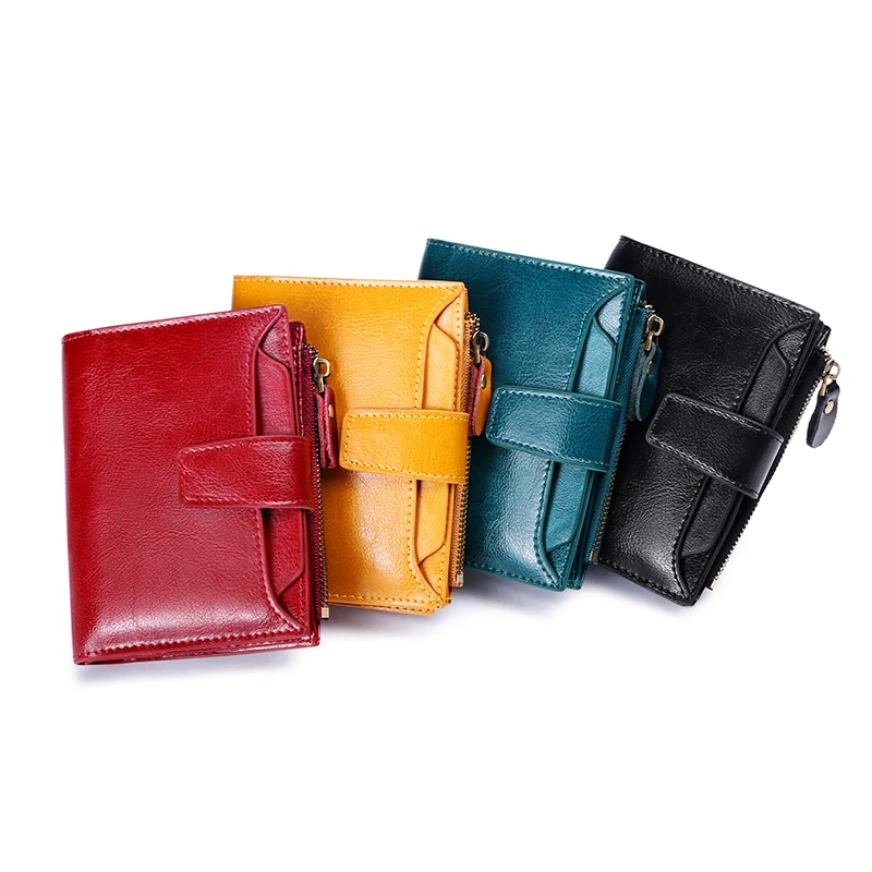 

Sendefn RFID Women Bifold Oil Wax Quality Wallet Brand Women Zipper And Button Short Style Women's Purse 4 Colors 5191-68