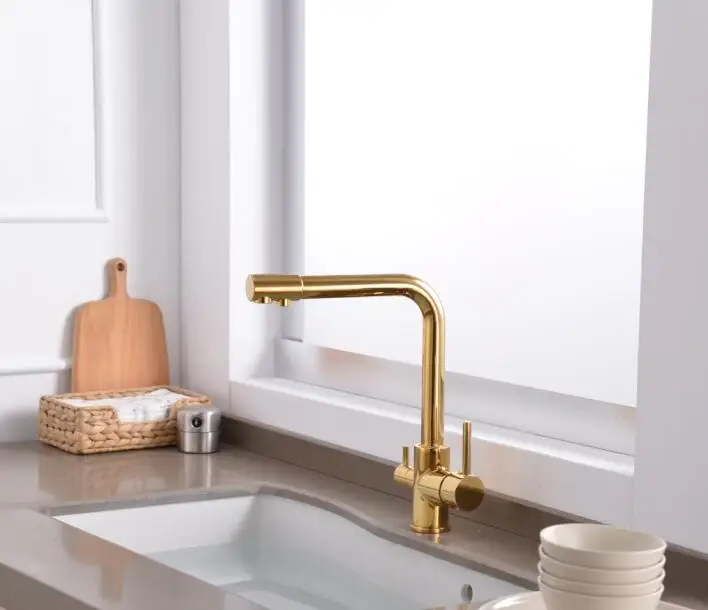 Gold 3 Way Tap 304 нержавеющая сталь кран для питьевой воды фильтр для воды очиститель смесители кухни раковины Mutfak Musluk краны XT-86 - Цвет: Gold