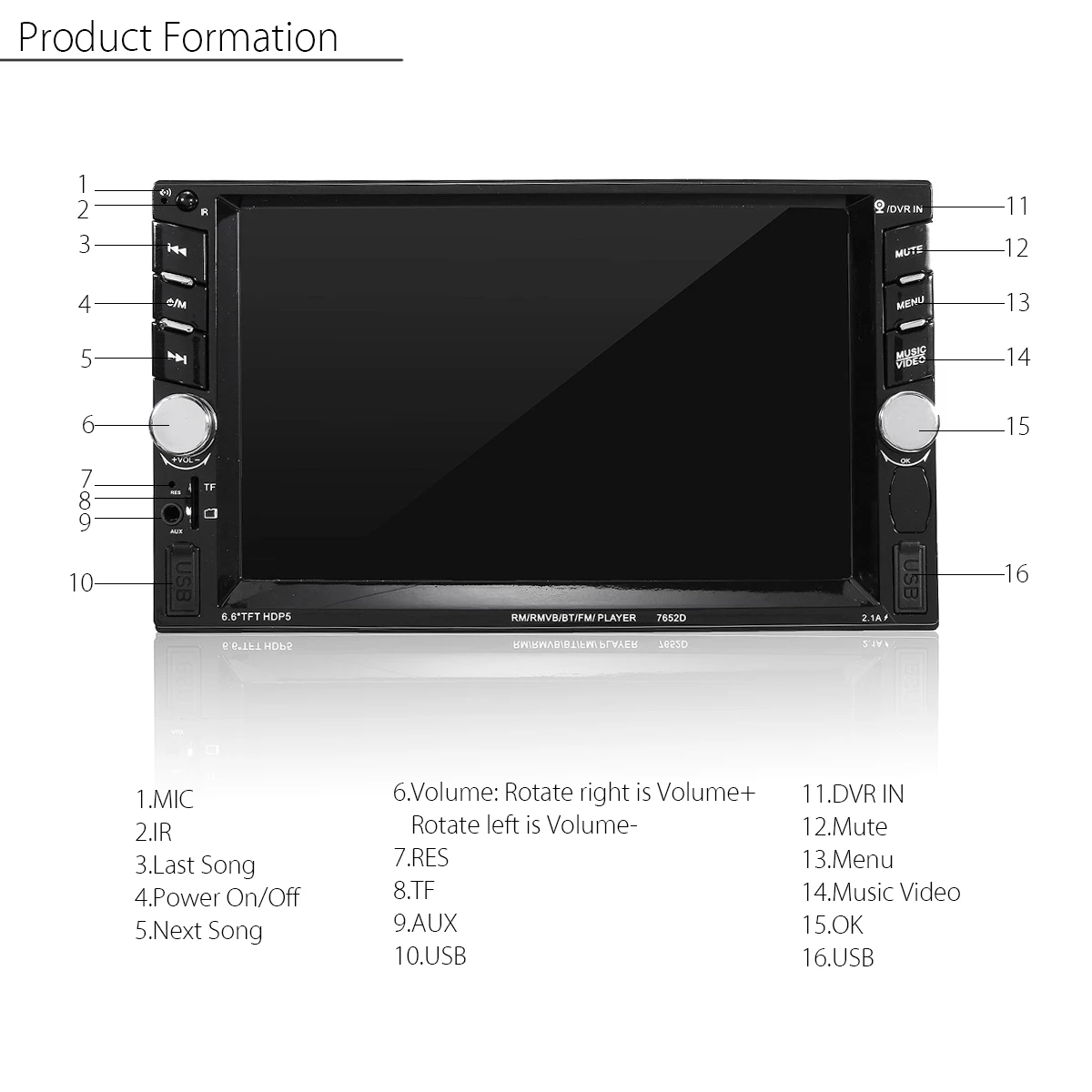 Autoleader 2 DIN 7652D 6," bluetooth стерео радио HD MP5 fm-плеер сенсорный экран с задней камерой