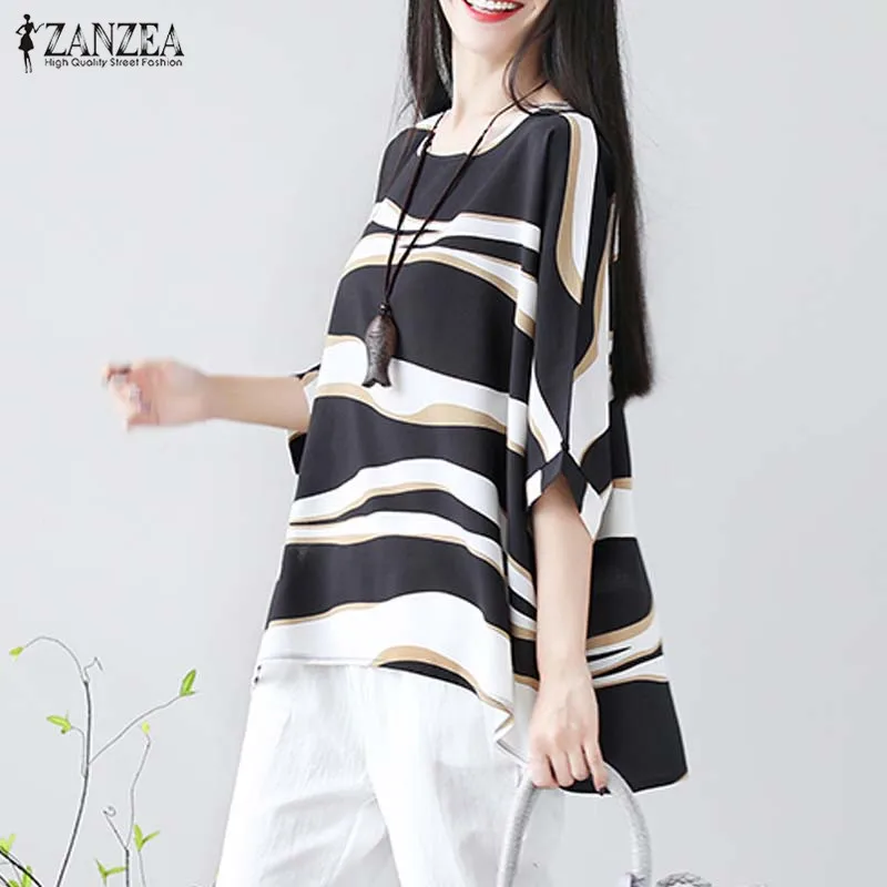 ZANZEA Plus Size Women Shirts Blouses Female Vintage Sleeve Blusas Summer Tunic Tops Chemiser Mujer Blusa Feminina