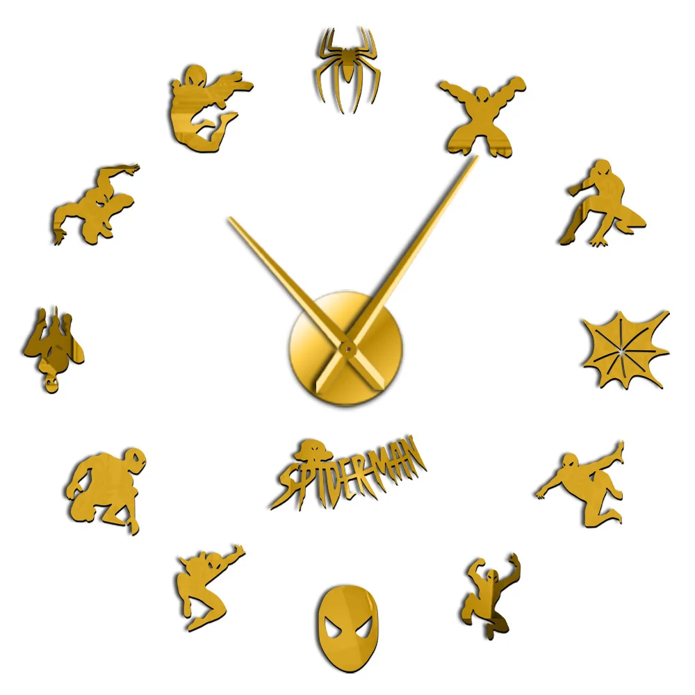 Gold Вымышленные гигантские настенные часы супергероя Spidey настенный Декор для дома детская комната DIY Наклейка комикс детская комната большие бесшумные настенные часы - Цвет: Gold
