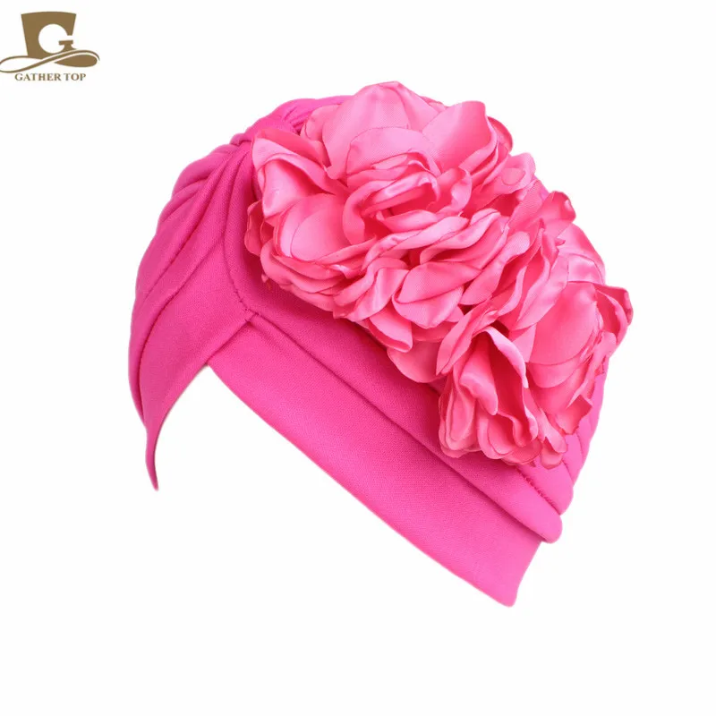 hot pink Винтажный двойной цветок шапочка-тюрбан стиль шляпа женские повязки Африканский узор узел головной убор - Color: hot pink