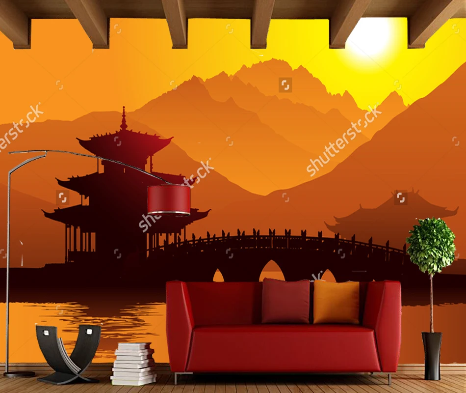 Обои с китайским пейзажем сочетающий в своем закат фото естественно росписи для