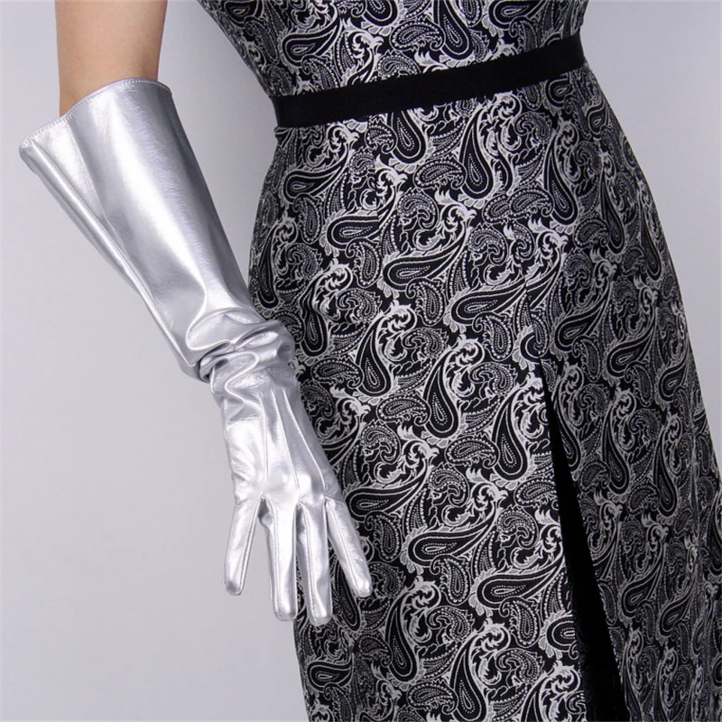 Fashion Hot Female Long Section Gloves Wide Cuff Simulation Leather Three Bars White Black 50cm Unisex T78 | Аксессуары для одежды