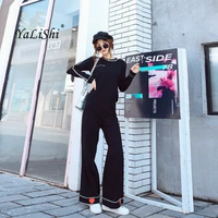 2 piece set 2018 women autumn black long sleeve o neck casual knitting office top and full length broad leg pants two piece set