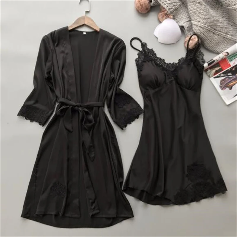 Black Сексуальный комплект из двух предметов, одежда для сна, Атласный халат, комплекты платьев, женская ночная одежда, халат, кимоно, ночная рубашка, голубой кружевной пеньюар H860 - Цвет: Black