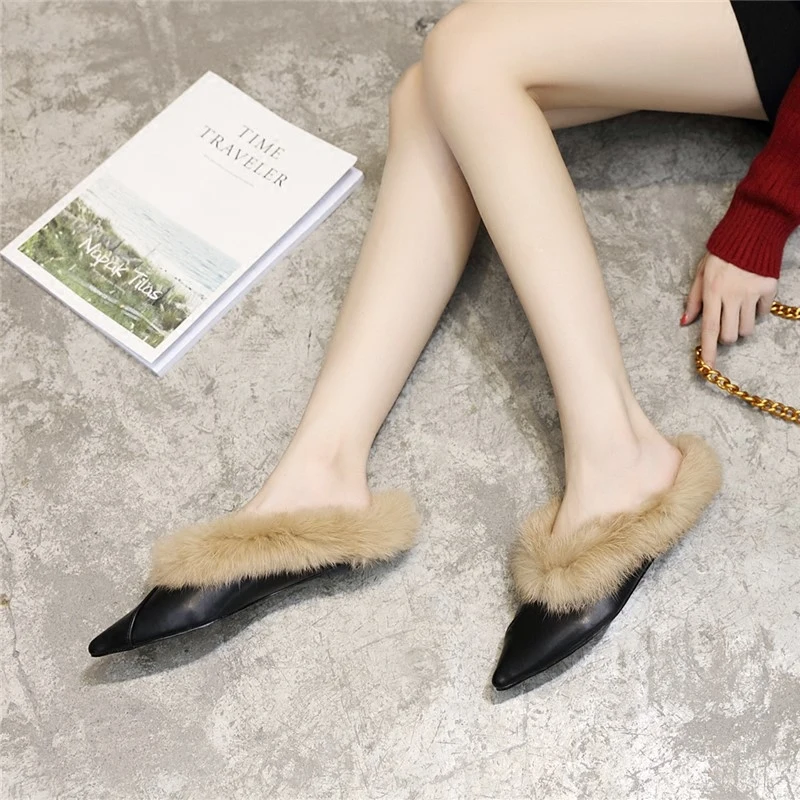 Туфли с острым носом обувь на платформе мехом декоративные Тапочки женские 2018