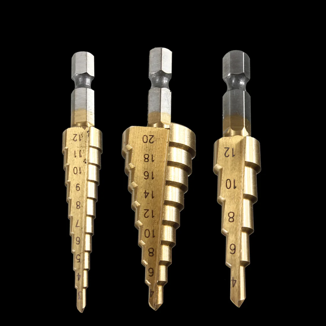 

3pcs 4241 HSS 1/4 Hex Shank Titanium Coated Step Drill Bit Cutting Tool Smoother Drill Bit Set 3-12mm/3-12mm 4-12mm 4-20mm