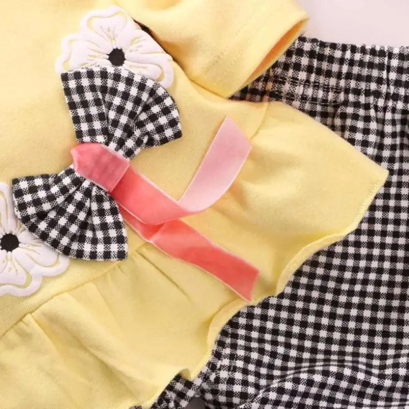 Дети Обувь для девочек с длинным рукавом цветок лук рубашка клетчатые штаны