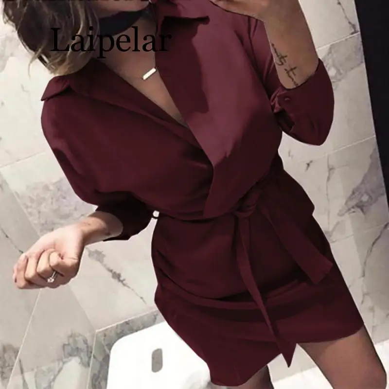

Laipelar Shirt Dress Women Autumn Summer Dress Long Sleeve Turn-Down Collar High Steeet Dress Blet 4 Colour Office Dresses