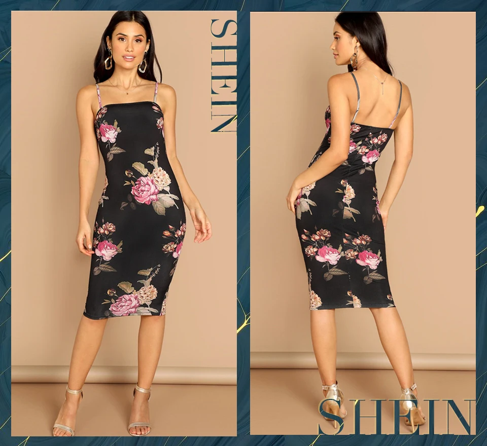 SHEIN многоцветное платье на бретельках с цветочным принтом, длина до колена, средняя талия, приталенное платье на бретельках,, Осенние современные женские платья