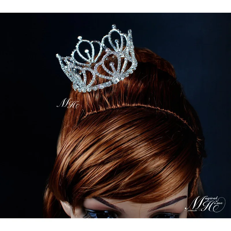 Девушки маленький круглый Тиара Мини корона принцессы со стразами Hairwear Невеста выпускного бала День рождения украшения для волос FC0076