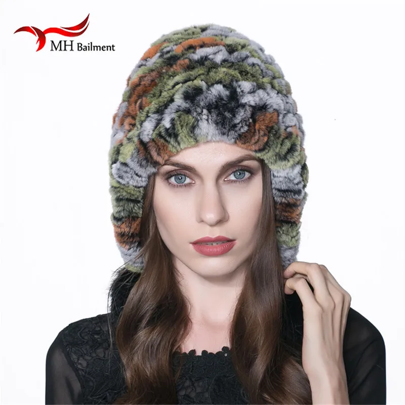 Новинка Шапка бини Для женщин трикотажные из натуральной шапка меха кролика рекс