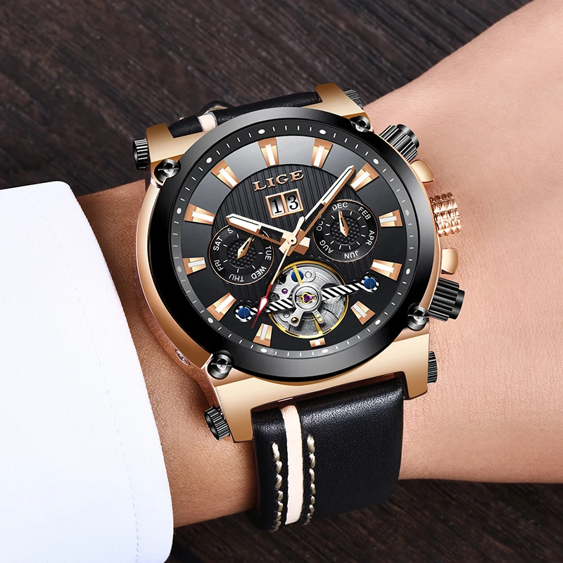 LIGE Роскошные скелетоны Tourbillon спортивные механические часы для мужчин