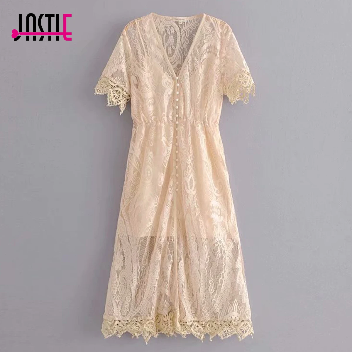 Бежевый Jastie винтажное цветочное вязаное кружевное платье Boho Flowy Midi платья платье с v-образным вырезом на пуговицах с коротким рукавом женское платье платья с подкладкой - Цвет: Бежевый