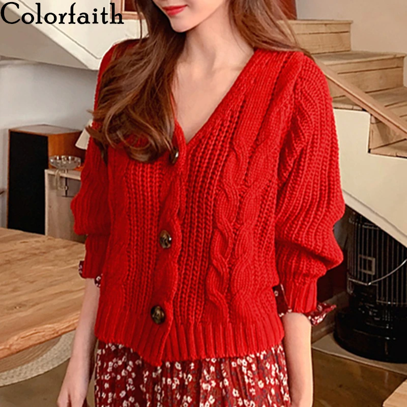Colorfaith Korean Style Women's Sweater Autumn Winter 2019 Red V-Neck Cardigans Casual Solid Single Breasted Loose Tops SW358 |