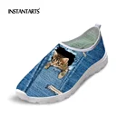 INSTANTARTS Женская обувь милые животные из джинсовой ткани с изображением котенка; Повседневное кроссовки для взрослых Mujer Tenis летние дышащие светильник обувь без застежек на плоской подошве