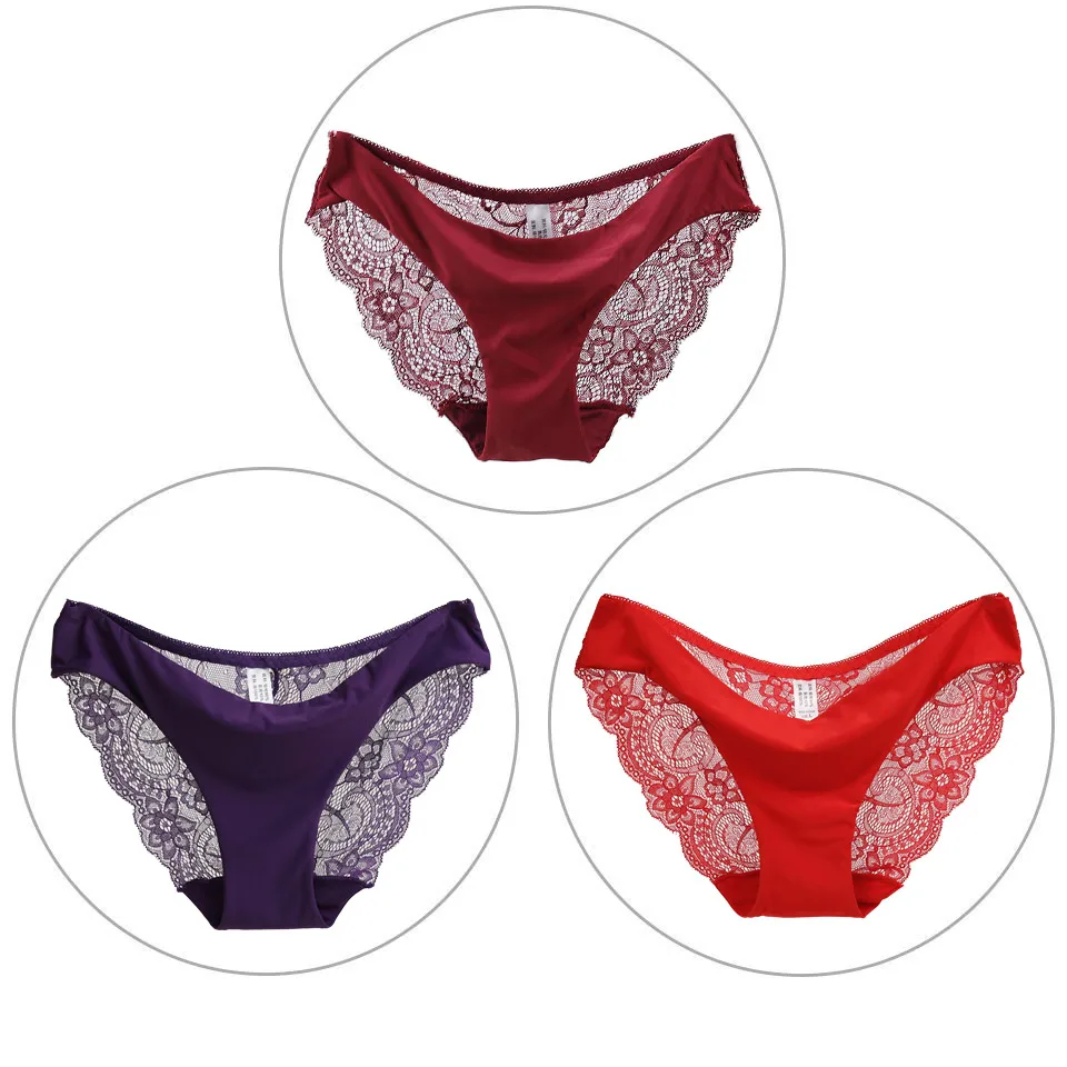 burgundy purple red 3 шт./лот, сексуальные кружевные женские трусы, бесшовное однотонное нижнее белье, женские трусики, горячая Распродажа, прозрачные S-XXL размера плюс, нижнее белье, хлопковое женское белье - Цвет: burgundy purple red