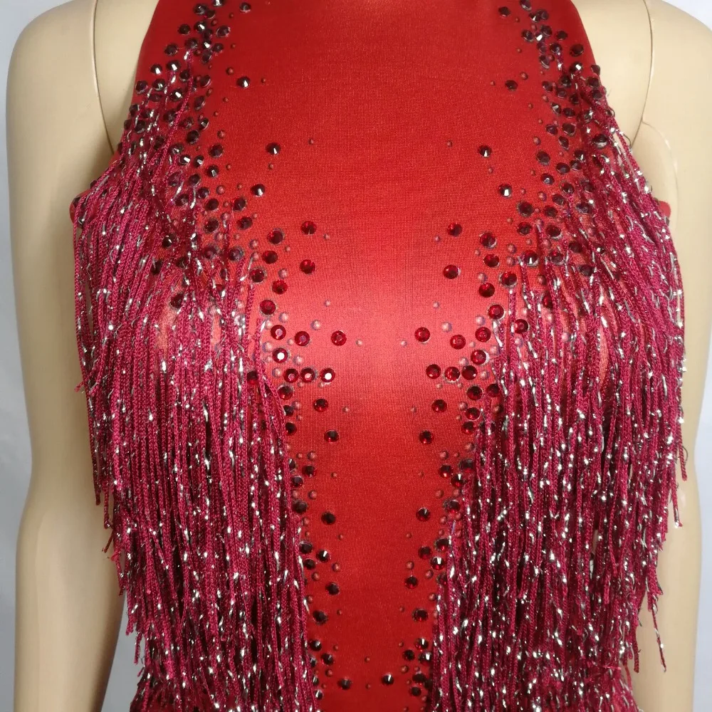 Female Dance Teams Jazz Stage Outfit Red Tassels Rhinestones Backless Bodysuit Nightclub Bar DJ Singer Latin Pole Dance Costume
