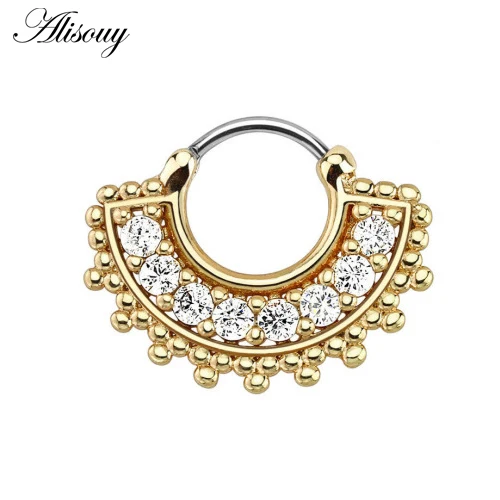 Alisouy 1pc Surgical Stainless Steel Sector Nose Piercing High Quality Zircon Septum Clicker Ring Stud Fashion Body Jewelry | Украшения и