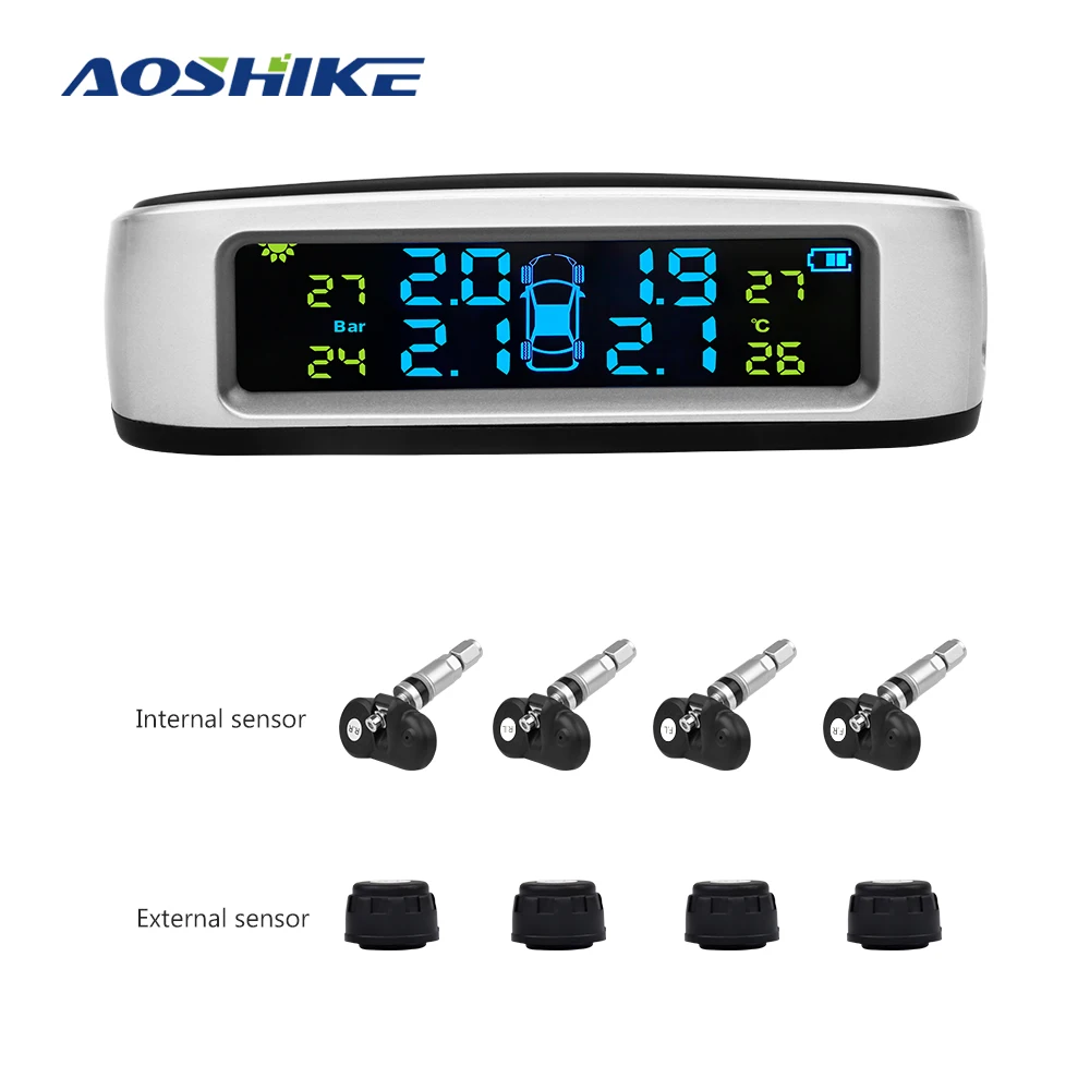 AOSHIKE беспроводная система контроля давления в автомобильных шинах TPMS ЖК-дисплей на солнечных батареях 4 внешних датчика Температурная сигнализация