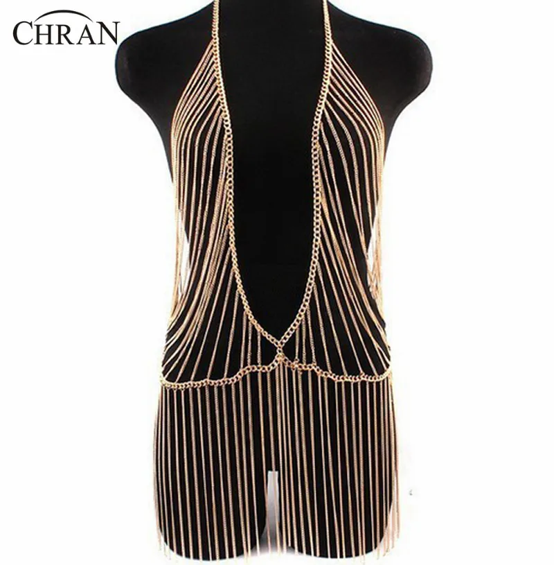 Женская Золотая цепочка Chran модное пляжное ожерелье с металлической кисточкой