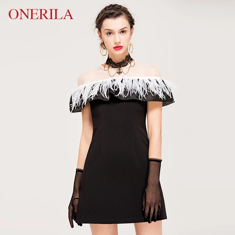 ONERILA 2018 Summer Stylish Elegant O Neck White Feathers Little Black Dresses Slim Sexy Women Mini Night Party Dress Vestidos | Женская
