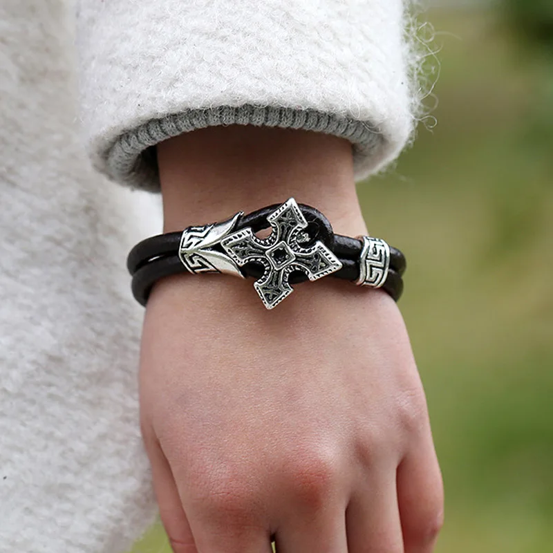 Vintage Мужские Двойные Кожаные Браслеты Готический Крест Манжеты Браслет