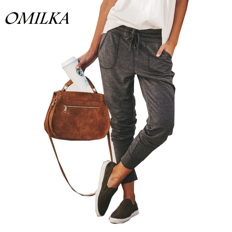 

OMILKA 2018 Autumn Winter Women High Waist Loose Bandage Pants Casual Gray Black Red Elastick Pocket Pencil Pant