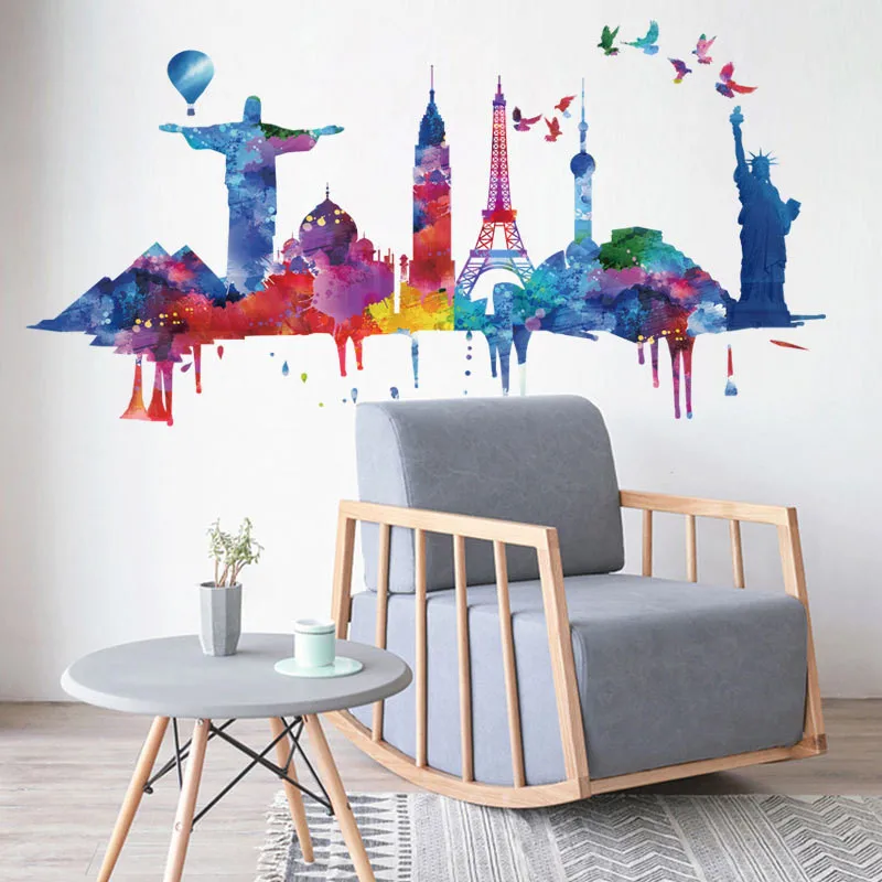 1PCS Watercolor World Architecture Landscape Wall Stickers For Living Room TV Decoration Nursery Kids ROOM DECOR 60*45CM*2 | Дом и сад