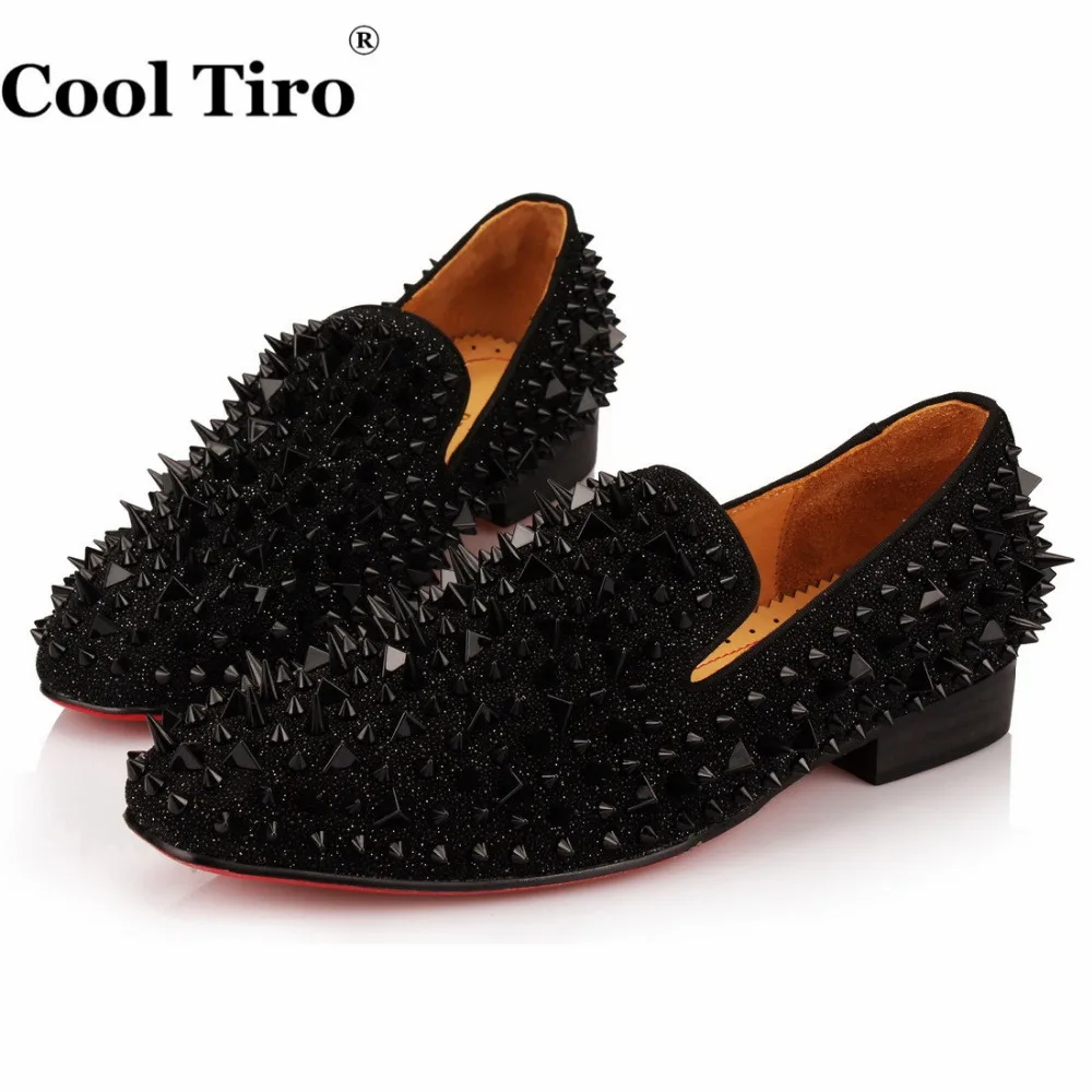 COOL TIRO Handmade Mens Shoes Studded Spike Black sequin drill Loafers Runway Shining Rivets Party Dress Men | Обувь
