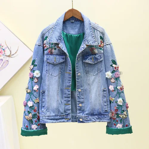 blue denim jacket Коробова осенние модные цветочные аппликации Для женщин Джинсовые куртки корейский жемчуг с длинным рукавом Джинсы Пальто Куртка в уличном стиле Femme 78044 - Цвет: blue denim jacket