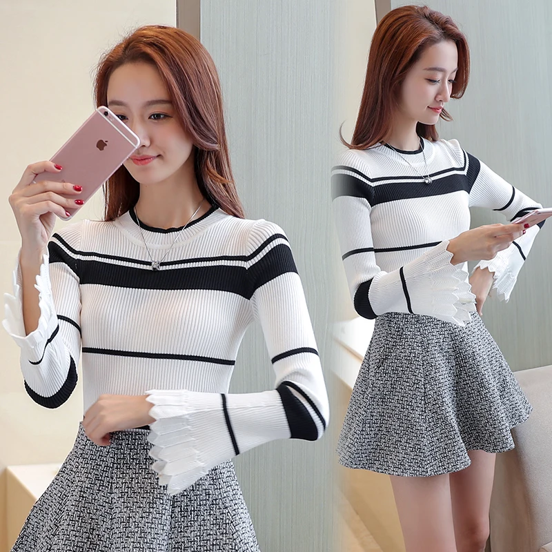 Striped Long Sleeve Sweater 2018 Autumn Winter Women Sweaters And Pullovers Knitwear Female Jumper Pull Femme Black White | Женская