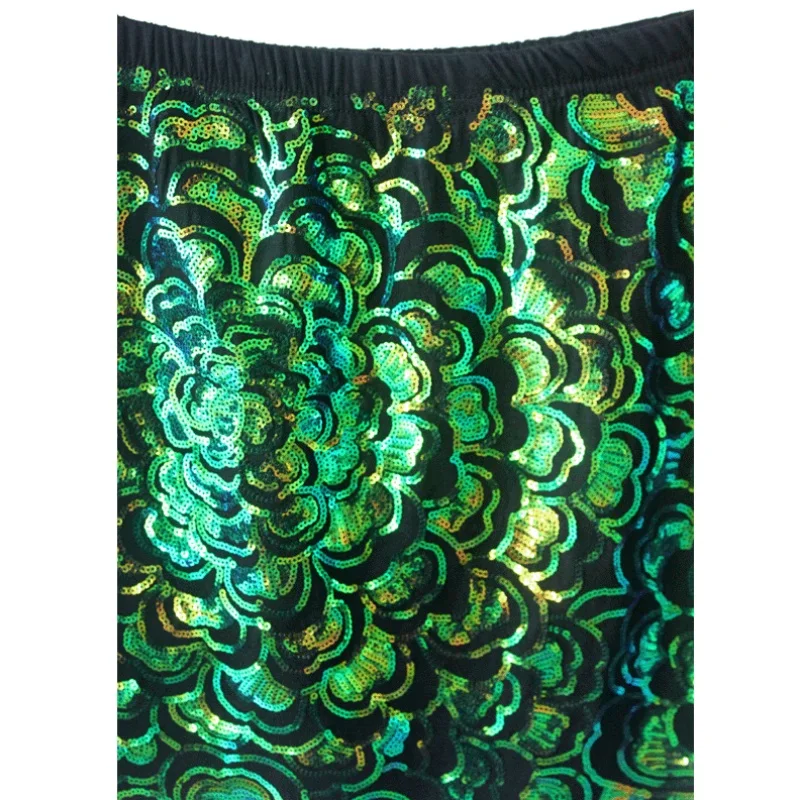 

2017 Fashion Women Flower Green Sequined Short Skirt Elastic Waist Luxury A Linen Skirt Package Hip Skirt