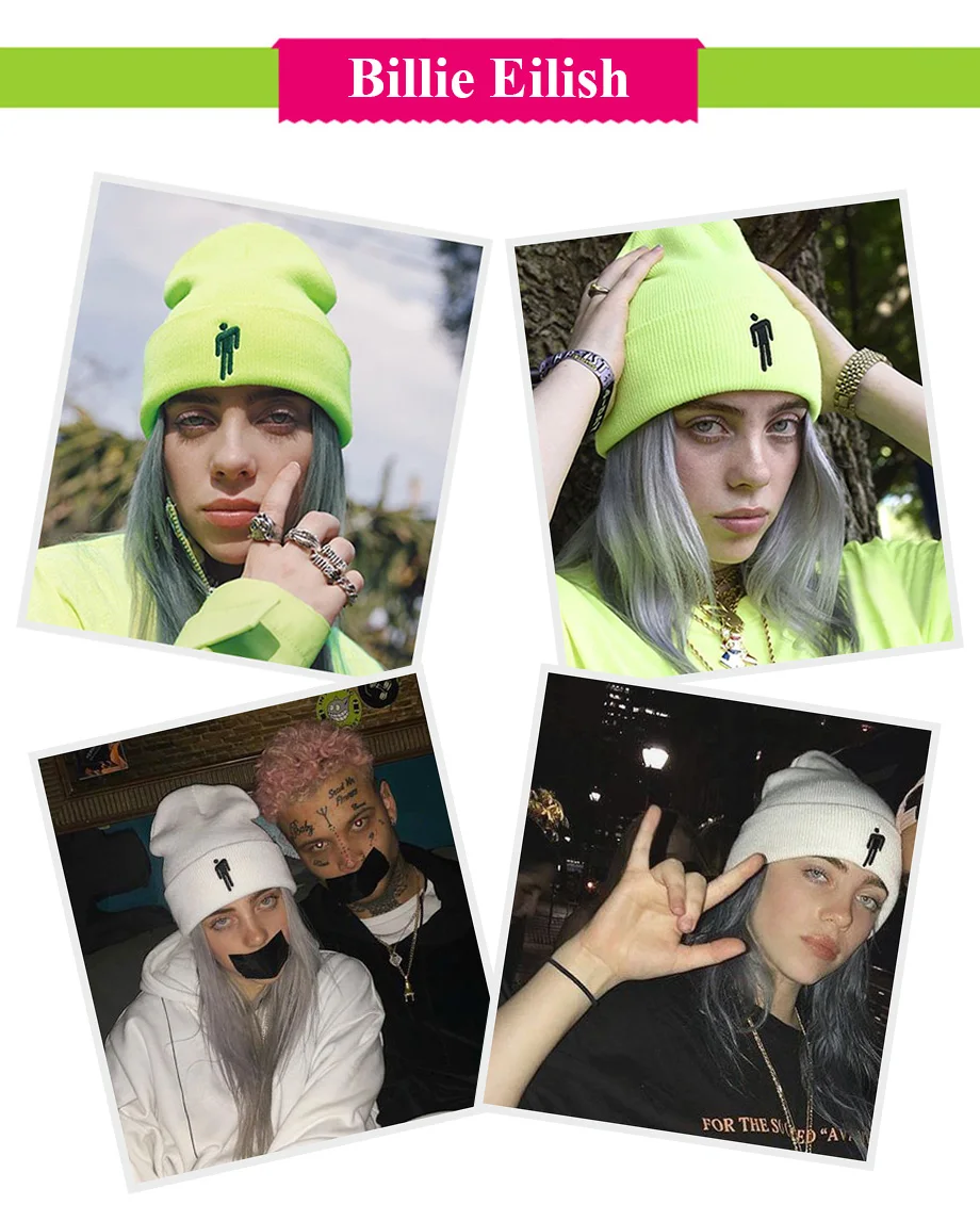 Шапка-бини с вышивкой Billie Eilish для женщин и мужчин, вязаные теплые зимние шапки для мужчин и женщин, одноцветные Повседневные шапки в стиле хип-хоп с манжетами
