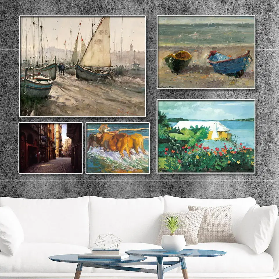 Vinsonloud Home Decoration Print Canvas Picture Wall Art Paintings Oil Unframed Drawings Landscape painting horse boat cloud | Дом и сад