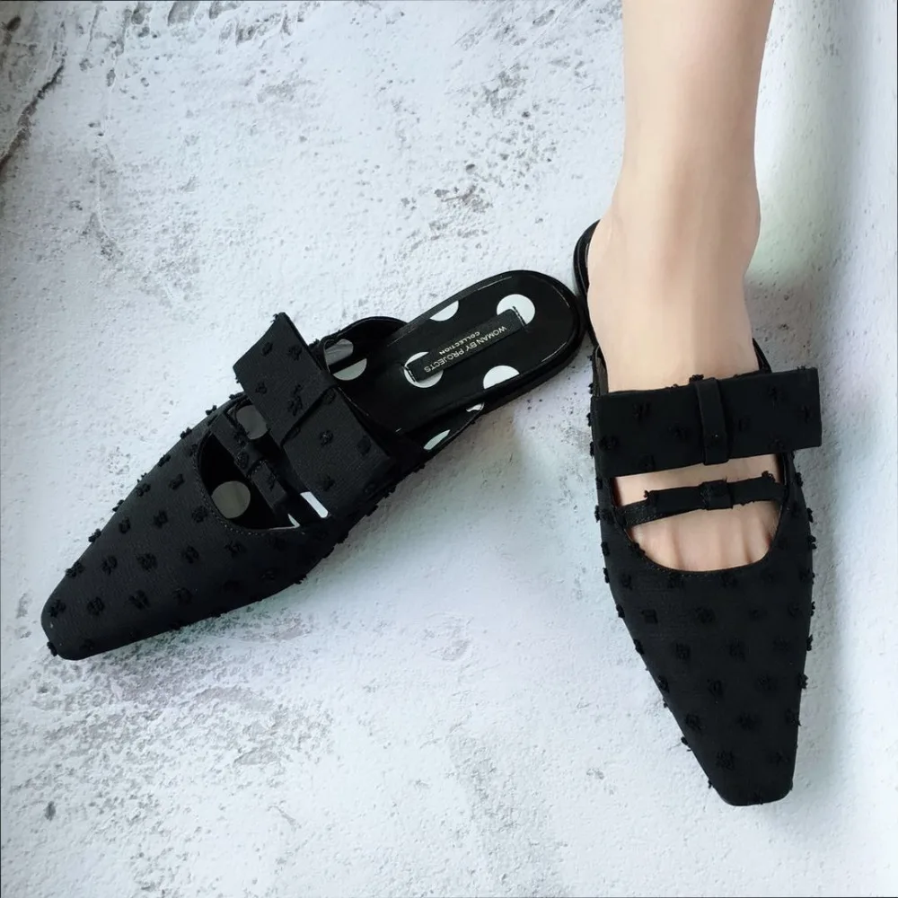 Туфли без каблуков; femme bowtied шлёпанцы женская обувь, подходит ко всему, в горошек от известного бренда, тапочки; женская обувь с закрытым носком; тонкие шлепанцы без задника с открытыми пальцами; лоферы