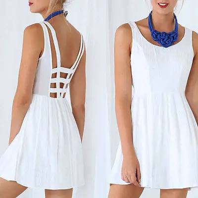 Платье Mini без рукавов женское лето шифон с низким вырезом на спине ремень Клубная