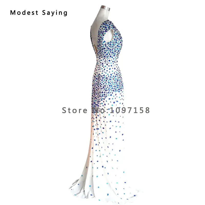 Женское вечернее платье-русалка синее и Шампанское платье с бусинами разрезом